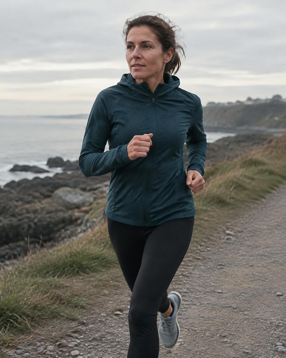 A woman running along a coastal path on an overcast morning