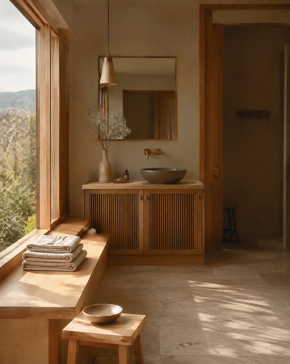 Calm recovery space with natural wood and linen